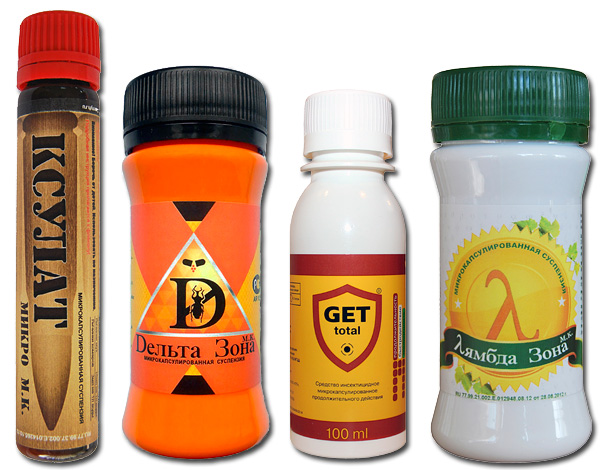 Examples of modern drugs for bedbugs - Xsulat Micro, Get, Delta Zone, Lambda Zone.