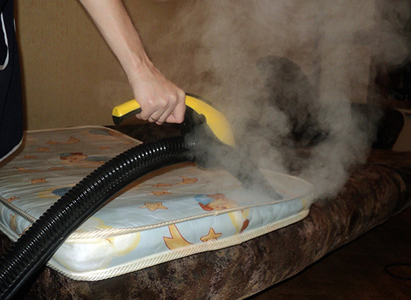 Bilden visar ett exempel på förstörelse av bedbugs i barnens madrass med varm ånga.