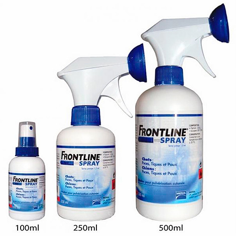 Frontline flea spray: 100, 250 and 500 ml.