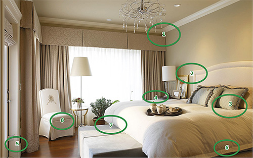 Bilden visar möjliga livsmiljöer för bedbugs i lägenheten.