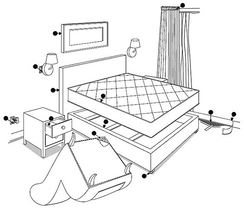 The picture schematically shows the possible habitat for bedbugs in the apartment.