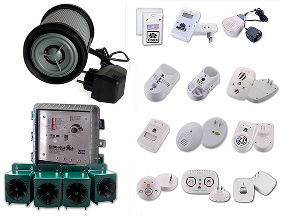 The picture shows several different models of ultrasonic insect and rodent repellers.