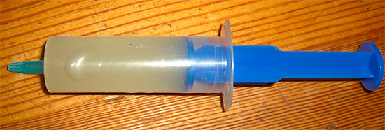 De foto toont een gel van kakkerlakken in een spuit (voor gemakkelijke toediening).