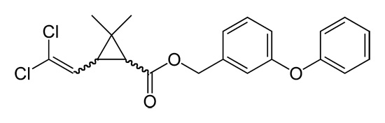 The structural formula of permethrin (effective insecticide, the active substance of Samuro smoke bombs).