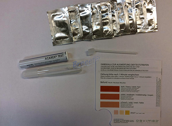 Acarex test system for detecting dust mites in the house.