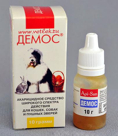 Acaricidal agent Demos for cats, dogs and fur animals.