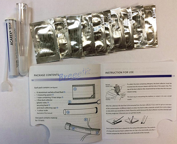 Acarex test system for detecting dust mites in the room.
